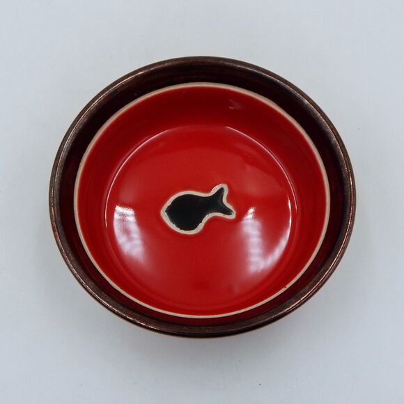 Spot Small 5 Inch Ritz Copper Rimmed Red Stoneware Cat Dish Fish - Picture 8 of 9